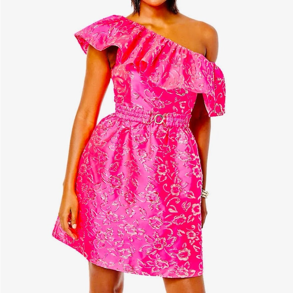 lilly pulitzer shannie pink and gold one shoulder dress size 00